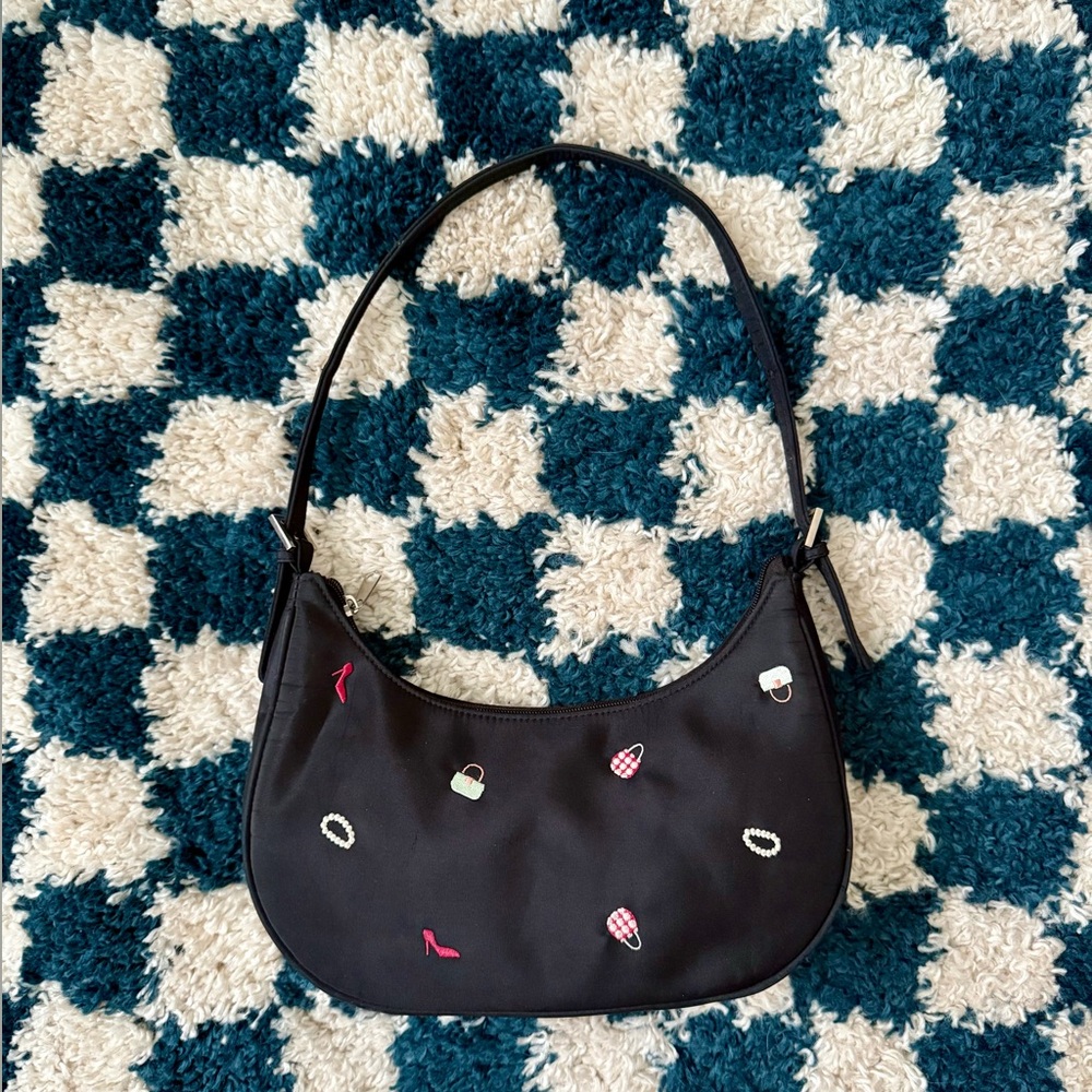 Y2K embroidered black nylon shoulder bag